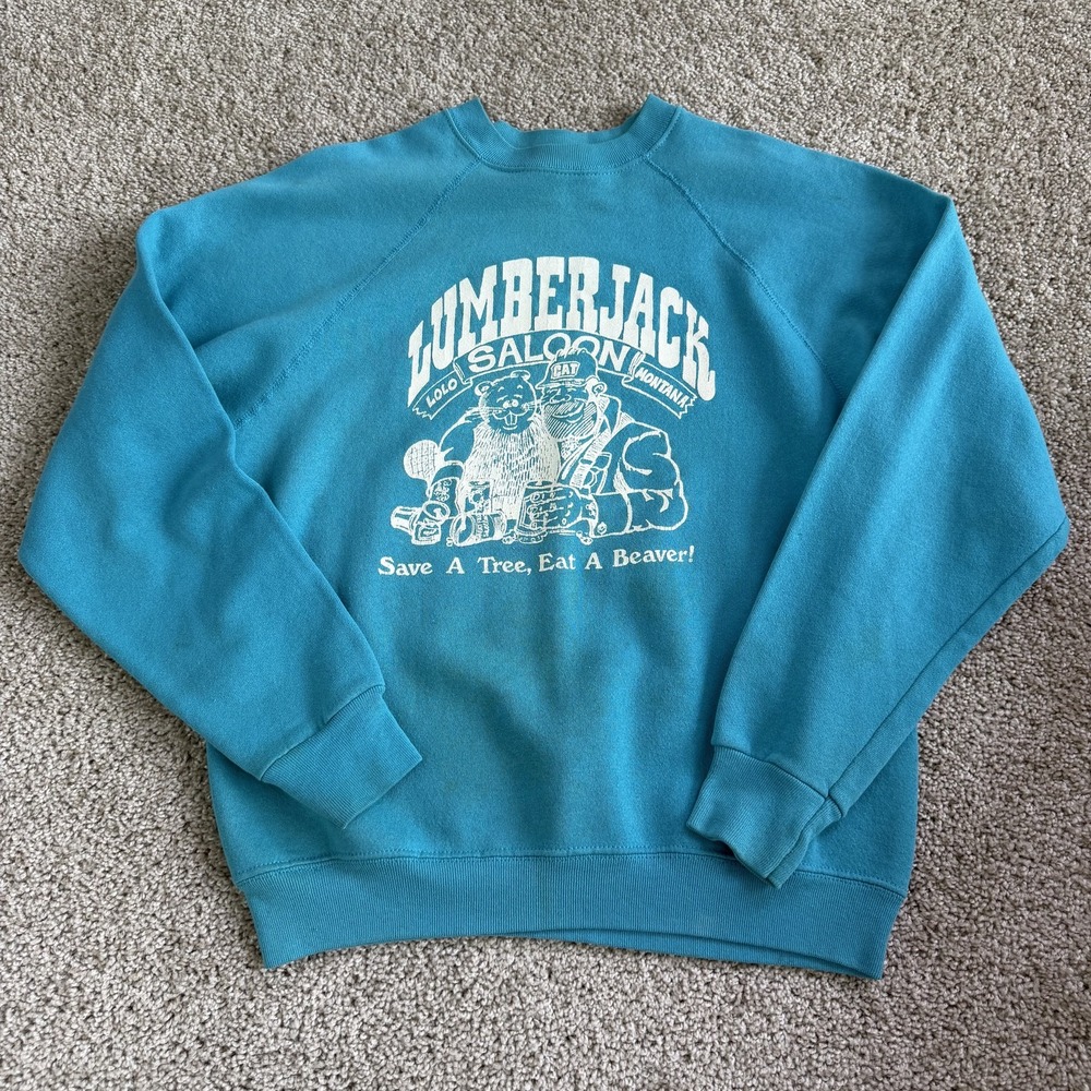 Vintage Tultex Sweatshirt Mens M Blue Fleece Lumberjack Saloon Beaver Graphic